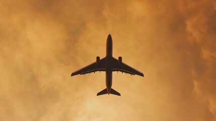 Airplane silhouetted against a vibrant sunset sky
