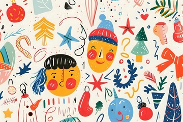 Colorful Abstract Winter Holiday Design Elements: Festive Ornaments, Cheerful Faces, and Playful Shapes for a Joyful Celebration, Featuring Abstract Trees and Stars in Vibrant Hues