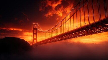 Fototapeta premium Golden Gate Bridge at Sunset Amidst Fog