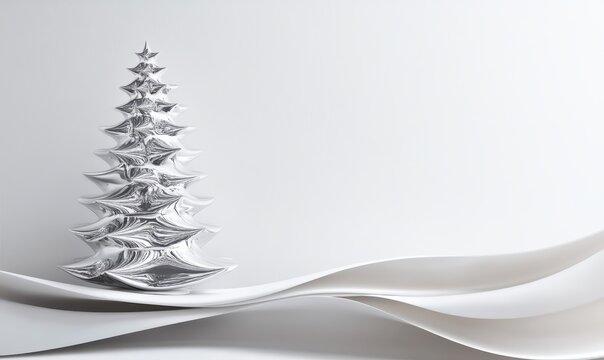 An ebullient seasonal composition consisting of a silver Christmas tree on a white backdrop to greet the joyous New Year.