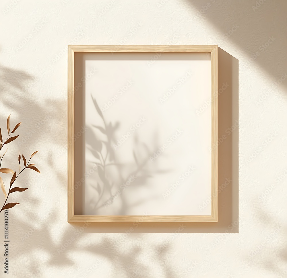 Poster a minimalist wooden frame casts soft shadows on a light wall, highlighting simplicity and elegance i