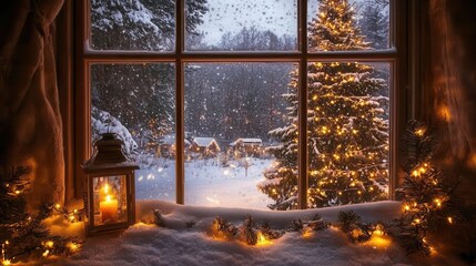 View through a romantic decorated window with lantern and candlelight to a romantically lit Christmas tree in the snow