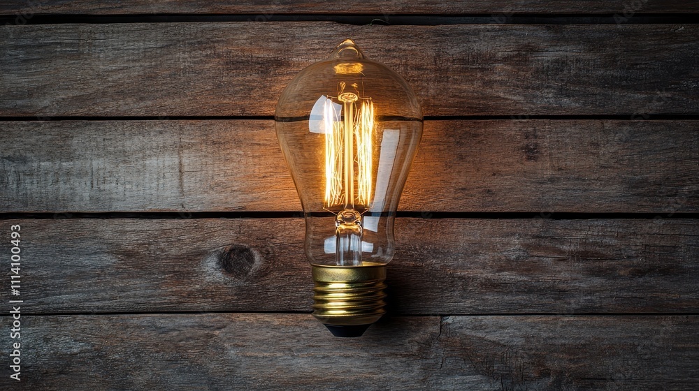Poster light bulb illuminated and positioned on a rustic wooden backdrop, ideal for creative messages or pr