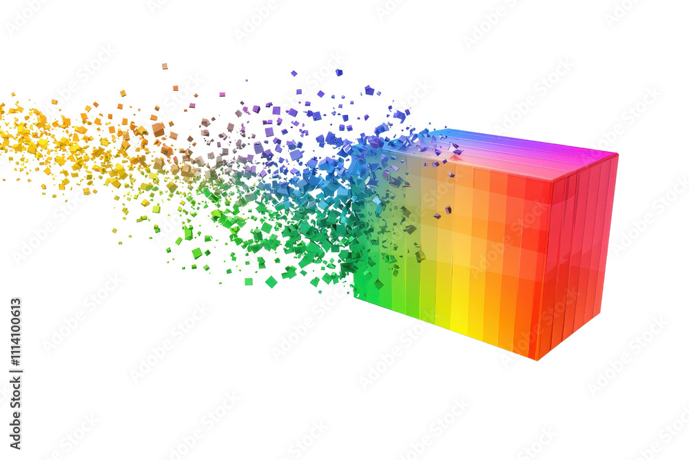 Poster a vibrant, colorful cube disperses into a spectrum of particles, showcasing a dynamic flow of colors