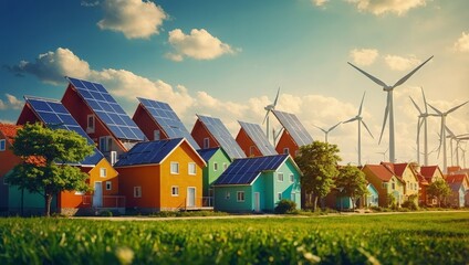 Obraz premium Eco friendly village, renewable energy, sustainable homes, colorful houses, green landscape, wind turbines, solar panels, nature,