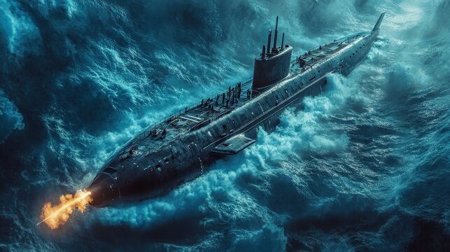 Submarine shooting torpedoes under the sea while floating in the middle of the ocean.