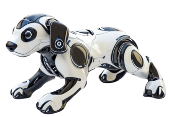A sleek, robotic dog with a futuristic design, featuring a glossy black and white exterior and articulated limbs for movement.