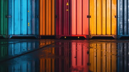 Obraz premium Close-up of multi-colored cargo containers stacked symmetrically, reflections on wet pavement after rain, [cargo containers], [logistics and transport]