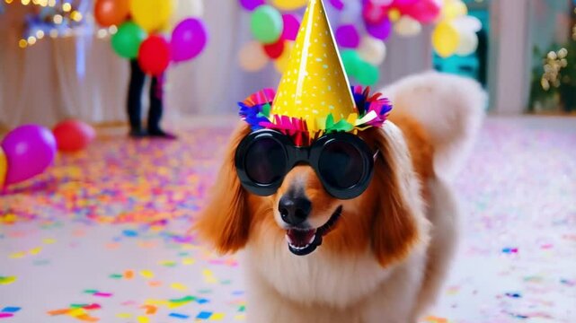 A cheerful dog wearing sunglasses and a party hat celebrates with colorful confetti and balloons at a festive event