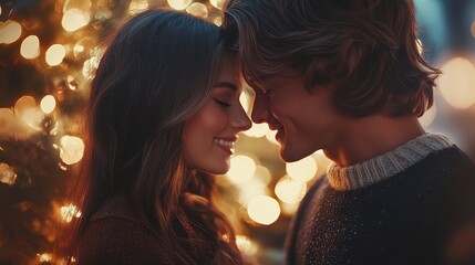 Charming young couple enjoying a romantic moment by an illuminated Christmas tree, conveying holiday love