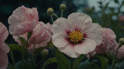 Pink and white rose blossoms grace the summer garden, a floral masterpiece of nature's beauty