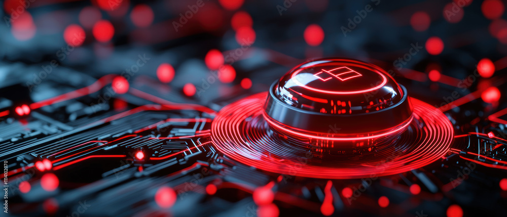 Aufkleber fire alarm evacuation signal concept. a futuristic red button surrounded by a circuit board and glow