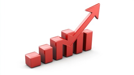Red bar graph with an upward arrow indicating growth