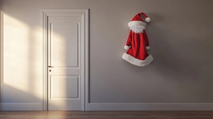 Fototapeta premium A vibrant red Santa Claus suit hangs neatly by a white door in a warm, inviting room. Soft sunlight streams through the window, casting gentle shadows on the wooden floor