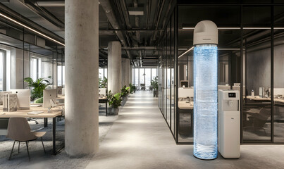 Modern office interior with sleek water dispenser and minimalist design. Clean, bright workspace with large windows.