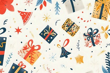 Fototapeta premium Celebrate Festivities with Abstract Gift Designs, Featuring Bold Colors and Festive Shapes: A Winter Holiday Pattern of Joyful Symbols, Including Presents, Stars, and Snowflakes