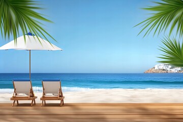 Obraz premium Tranquil beach scene with chairs and umbrella on sandy shoreline under clear blue sky