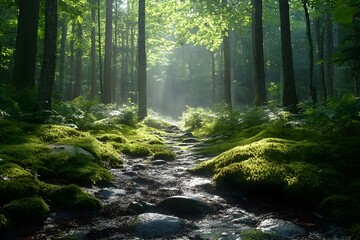 Fototapeta premium A forest floor after rain, with subtle steam rising from moss-covered rocks under dappled sunlight, reflecting moisture and life