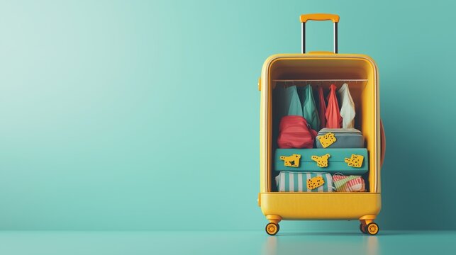 Colorful suitcase packed with clothes on a blue background