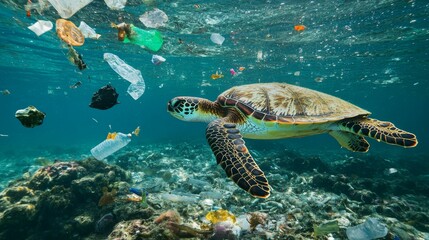 Sea Turtle Swimming in Clear Waters with Floating Plastic Debris