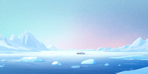 Fototapeta premium A serene frozen lake in the Arctic, with snow-covered icebergs floating on the surface, polar bears resting in the distance, and the faint glow of the aurora borealis. The pristine and tranquil