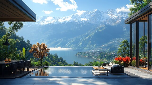 Elegant terrace captured with beautiful mountain views and infinity pool design Images