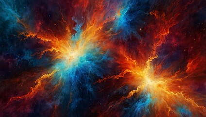 Fototapeta premium Vivid abstract background with a dynamic mix of red, orange, and blue colors resembling a fiery sky or a colorful nebula