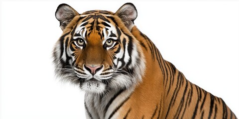 Fototapeta premium Studio photo of a tiger isolated against a white background. Wildlife and conservation concept, space for copy.