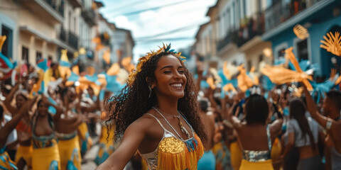 A vibrant cultural parade in Brazil, with samba dancers in colorful costumes, lively music filling the air, and crowds cheering along decorated streets. The energetic and festive setting feels joyous.