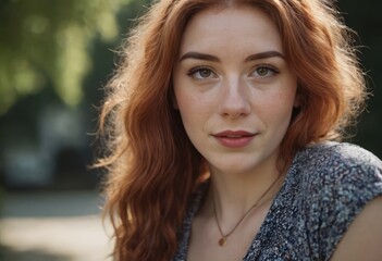 Fototapeta premium A woman with red hair is wearing a beautiful necklace and dress