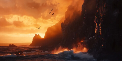 Naklejka premium A dramatic coastal sunset, with rugged cliffs silhouetted against the fiery hues of the sky, waves crashing below, and seabirds gliding effortlessly. The majestic and untamed setting feels timeless.