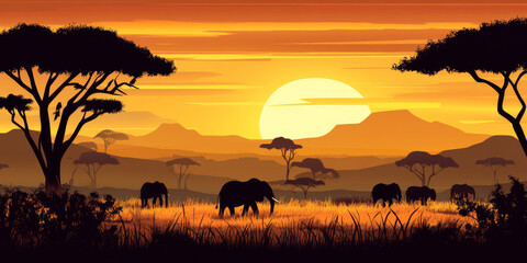 A dramatic savanna at sunset, with silhouettes of acacia trees, a herd of elephants grazing, and the golden sun sinking into the horizon. The majestic and timeless setting feels awe-inspiring.