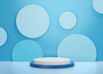 3D rendered illustrations of circles of various sizes in shades of blue. and a two-level circular platform for displaying products. Simple and modern presentation concept for design marketing graphics