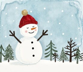 Cute and cheerful snowman in a winter scene, drawn with charcoal and pastels. In the background, there are trees and snowflakes falling from the sky. 
