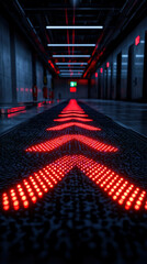 Fire alarm evacuation signal concept. A dark corridor illuminated by bright red LED arrows guiding the way, creating a modern and futuristic atmosphere.