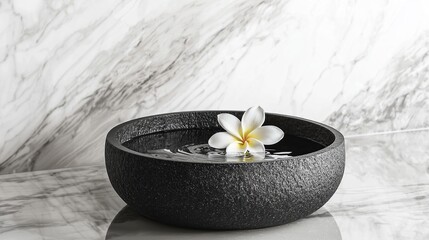 Dark stone bowl with water and flower on marble.