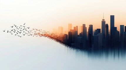 Fototapeta premium City skyline with birds flying away at sunset, creating a surreal effect.