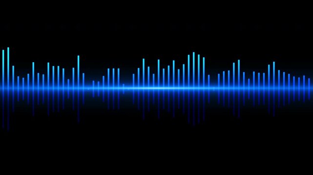 Blue neon glowing sound wave and audio waveform. Abstract soundtrack and music background. Equalizer, speech and voice recording visualization, sound line graph. Audio waves frequency and spectrum. 4k