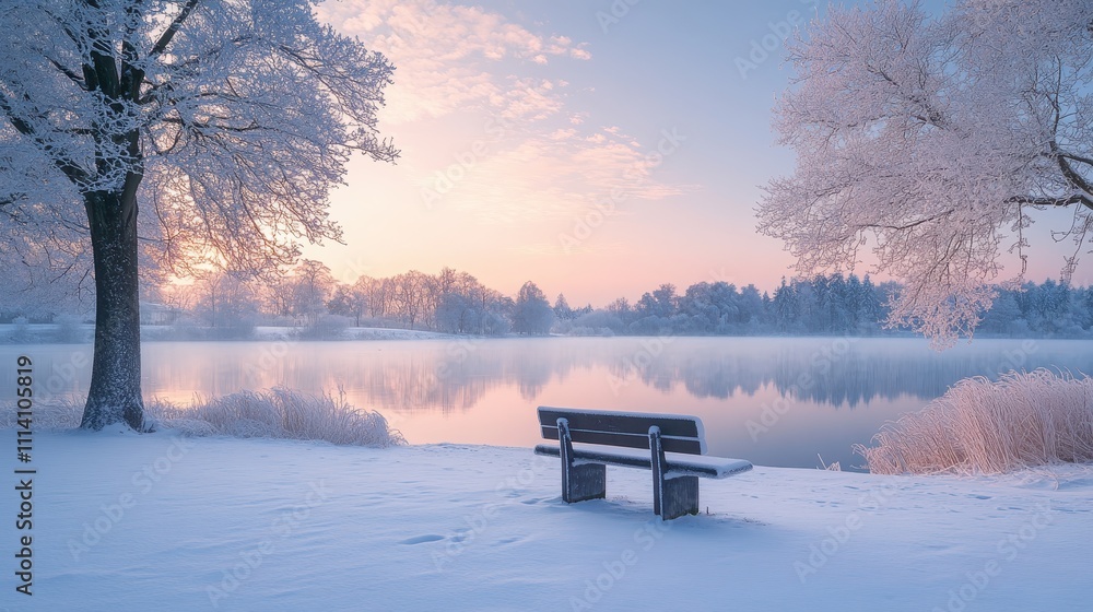 Poster a serene winter scene with a bench overlooking a tranquil lake. the trees are dusted with snow and t