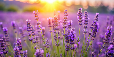 Lavender flowers stretch across the field, bathed in warm golden light from the setting sun,...