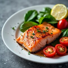 A piece of fried red fish with tomatoes and spinach. Salmon.