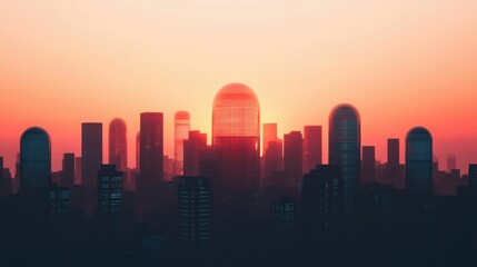 Fototapeta premium Silhouetted city skyline at sunset with glowing buildings.