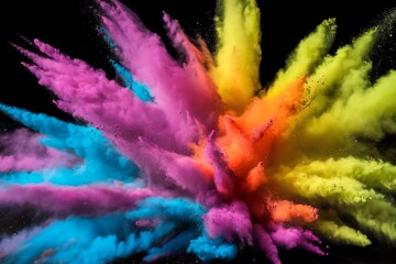Colorful powder explosion against black background, vibrant pigments in dynamic motion.