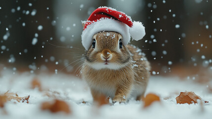 A rabbit in a Santa hat.