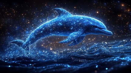 A shining dolphin formed from shimmering blue stardust leaping through a cosmic ocean