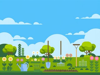 Naklejka premium Colorful Garden Scene With Gardening Tools And Flowers