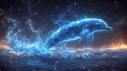 A shining dolphin formed from shimmering blue stardust leaping through a cosmic ocean