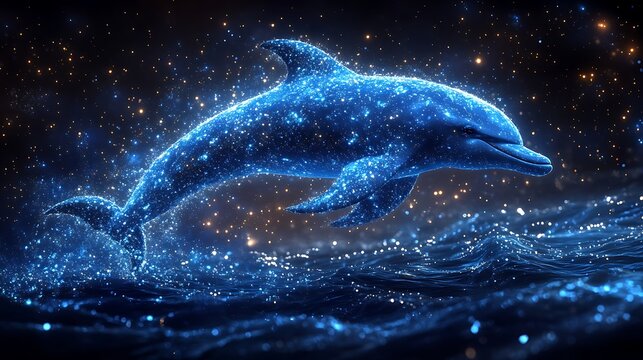 A shining dolphin formed from shimmering blue stardust leaping through a cosmic ocean