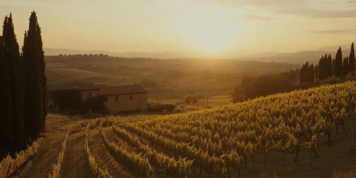 A serene Italian countryside, with rolling hills covered in vineyards, a rustic farmhouse surrounded by cypress trees, and the golden light of sunset casting a warm glow. The idyllic and charming
