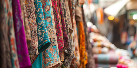 A bustling market street in Istanbul, with vibrant textiles hanging from stalls, the aroma of spices and freshly baked bread, and the sounds of lively chatter. The rich and cultural scene feels